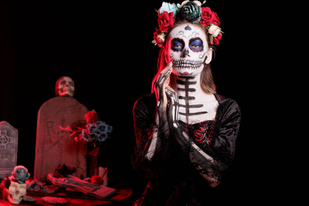 istock Lady surrounded by creepy funeral items during Halloween horror event 2167312729