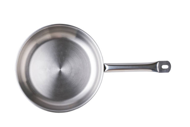 istock Metallic frying pan having practical long handle for safe use isolated on a white background. Empty inox frypan for frying, searing, and browning food. Top view. 2167319436