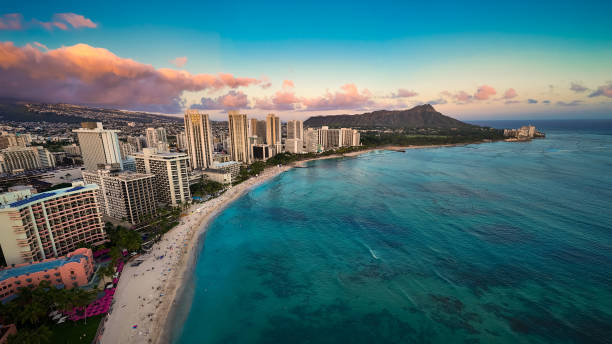 Waikiki Beach Honolulu Hawaii Aerial View Skyline Diamond Head at Sunset, Oahu Island