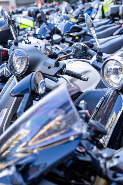 istock Closeup large group of parked motorcycles, copy space 2167326122