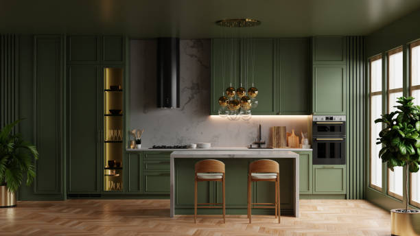 istock Green kitchen room features a minimalist interior design, combining sleek cabinetry with clean lines for a modern and serene cooking space- 3D rendering 2167332720
