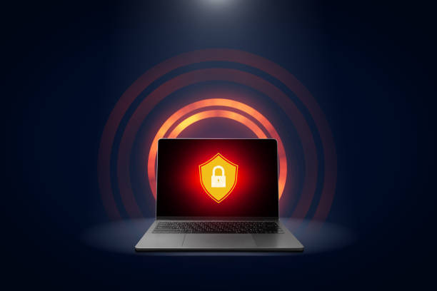 Cybersecurity And privacy protection technology concept, Laptop With key lock icon on screen and red warning sign for network protection from hackers criminals