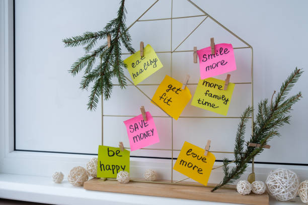 istock Action board new year's resolutions on colorful sticky notes. Making promises for new year, setting goals. Dream year 2167337422