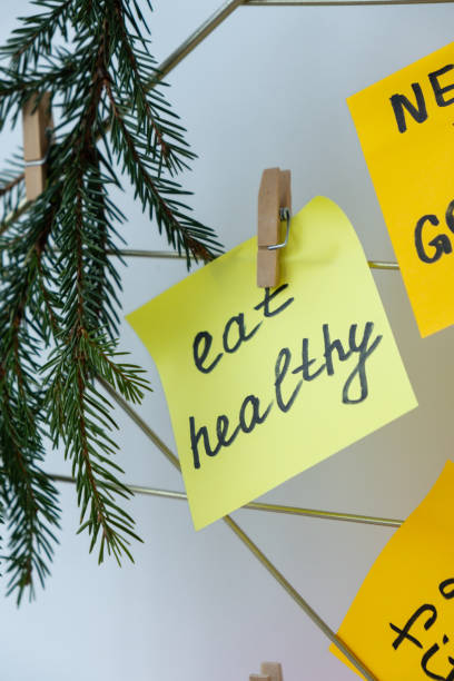 istock EAT HEALTHY goal on Vision board with new year resolutions aims on sticky notes. Preparation for New Year. Planning and setting goals for personal development 2167337507