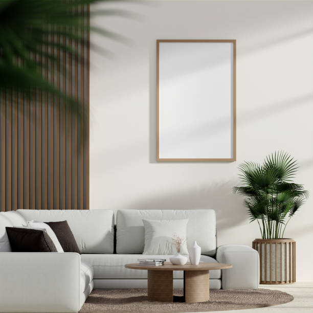 istock Modern 3D Interior Living Room with Blank Frame, Cozy Sofa, Coffee Table, and Indoor Plants in Minimalist Design 2167337773