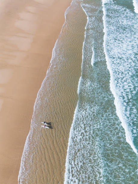 istock Surfers on the beach shore view from the air 2167339117
