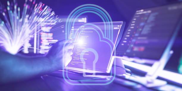 istock Cyber security and information protection concept. Close up of man hand using laptop computer with padlock icon on screen. 2167340286