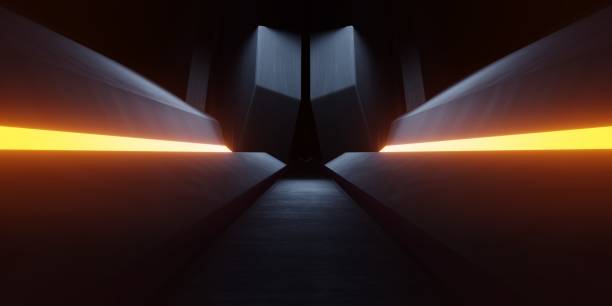 istock 3d rendering of orange neon glowing spaceship corridor hallway dark background. Scene for advertising, showroom, technology, future, modern, E sport, game, garage. Sci Fi Illustration. Product display 2167343995