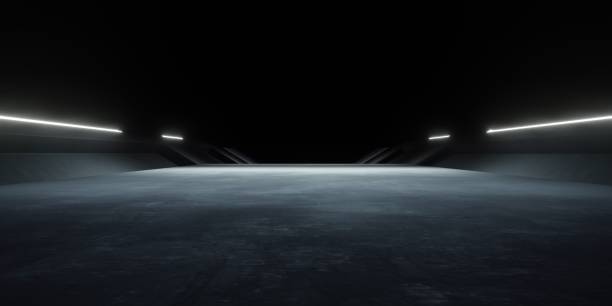 istock 3d rendering of white neon glowing spaceship corridor hallway dark background. Scene for advertising, showroom, technology, future, modern, E sport, game, garage. Sci Fi Illustration. Product display 2167343997