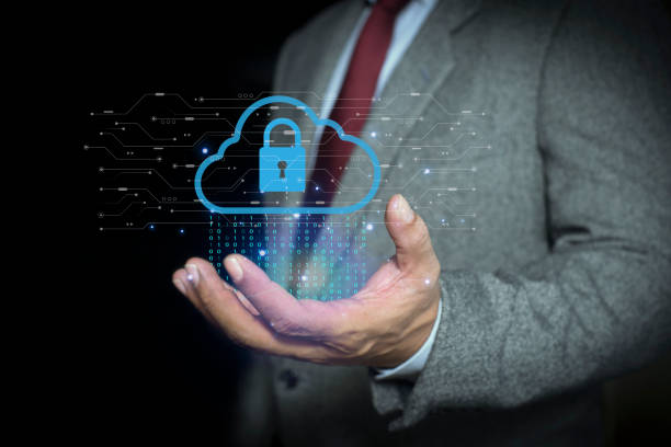 istock Businessman hosting cloud storage for backup personal data and device network. download, upload document file system in cyber security. Technology Concept of cybersecurity 2167344164