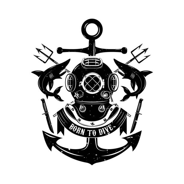 Vintage diving helmet with sharks and tridents. Divers club emblem template.