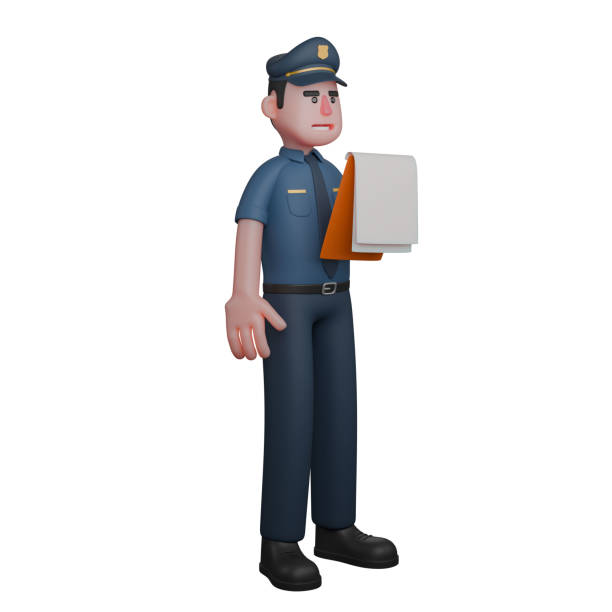 Illustrated 3D Policeman. A police officer is holding several files or documents in his hands with a serious and attentive expression. Male Authority Figure