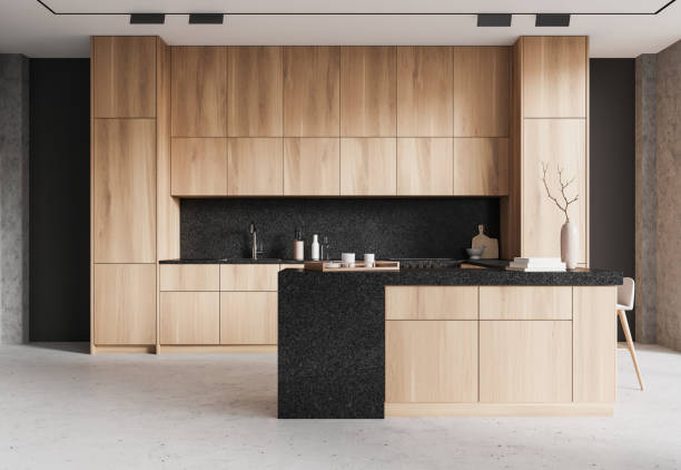 istock Wooden home kitchen interior with cabinet and bar island, kitchenware 2167347045