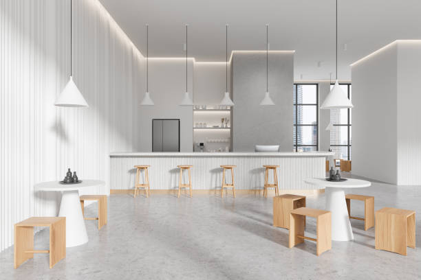 istock Luxury cafeteria interior with bar island and eating zone, panoramic window 2167347069