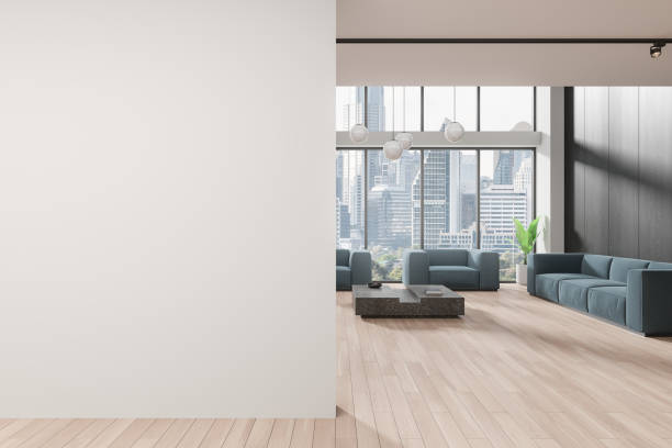 istock Office interior with sofa and armchairs, relaxing space and window. Mockup wall 2167347149