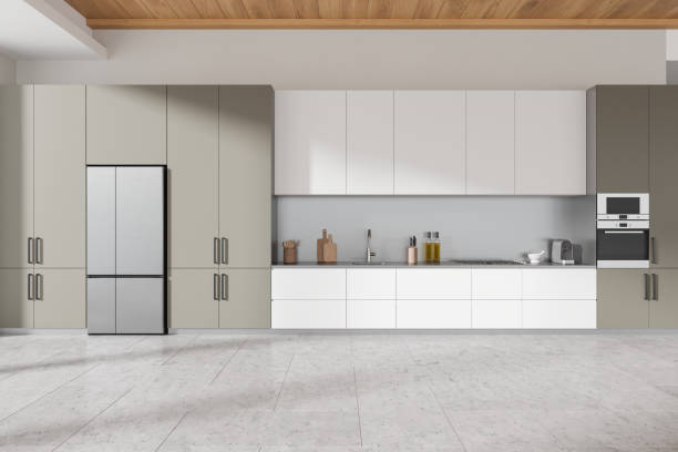 istock Luxury home kitchen interior with cooking cabinet and kitchenware, tile floor 2167347400