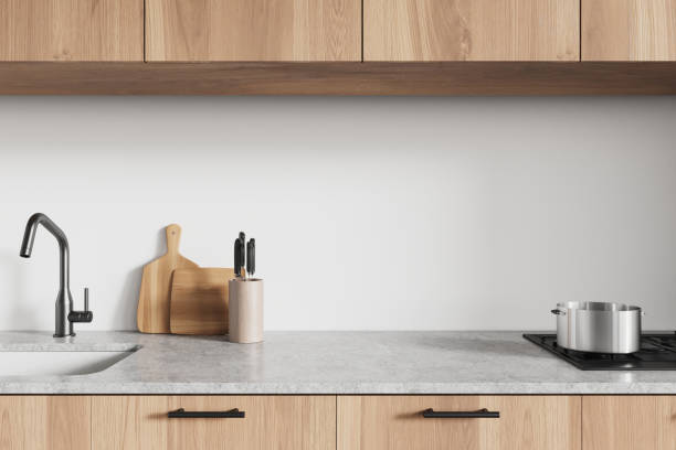 istock Minimalist home kitchen interior with sink and stove, kitchenware 2167348233