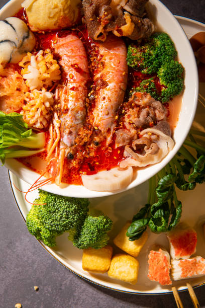 Chinese spicy seafood soup on a plate