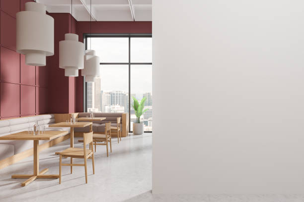 istock Cafe interior with chairs and eating tables, sofa and window. Mockup wall 2167350328