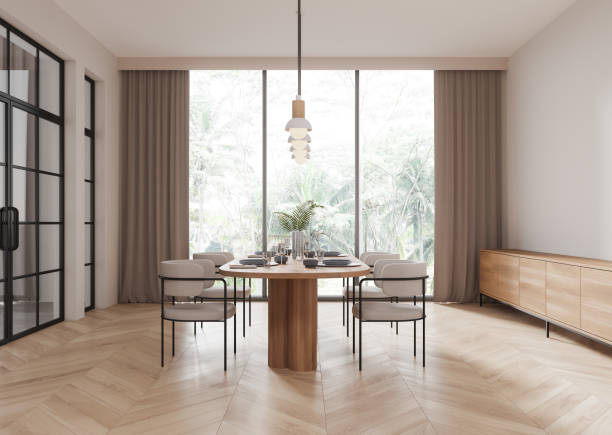 istock Beige home living room interior with eating table and chairs, panoramic window 2167350339