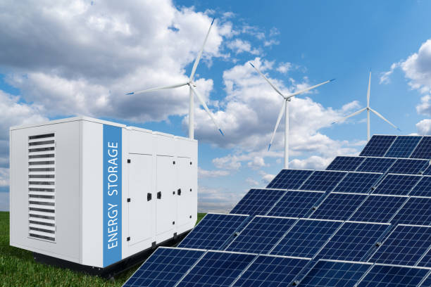 istock Solar panel and wind turbines with energy storage 2167350758