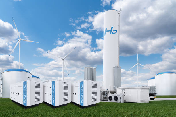 istock Hydrogen factory with energy storage concept. Green hydrogen production 2167351159