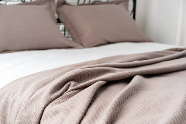 istock Black Metal Bed Frame With White and Beige Bedding in a Modern Bedroom 2167351372
