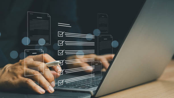 istock Survey form concept. Filling survey form online, Questionnaire with checkboxes, answer questions of test. Education futuristic technology and learning concept. 2167351594