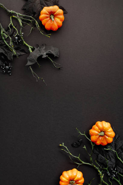 istock Happy Halloween holiday concept. Flat lay composition with pumpkins, bats, spiders on branches on black background. Top view with copy space. 2167357137