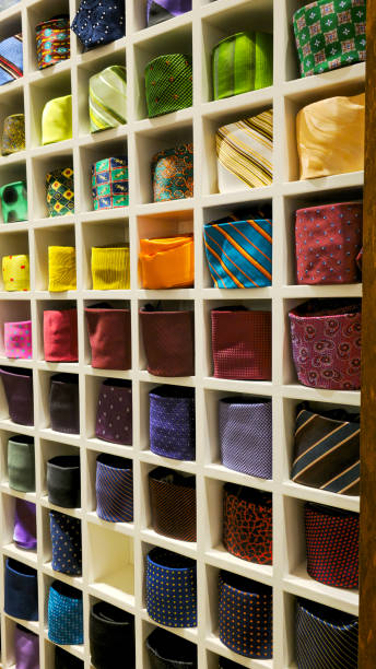 High angle view of multi colored neckties pile at menswear boutique