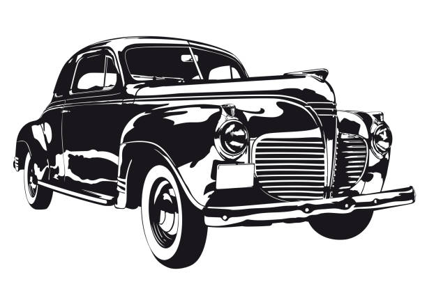 Vintage American car from the 1940s low angle semi-frontal view silhouette vector illustration