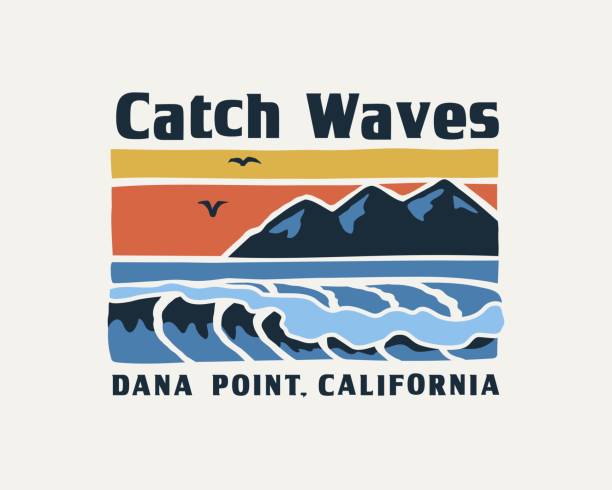 Retro-style surf club vector badges featuring ocean waves, and sunsets. Perfect for t-shirt designs, logos, and coastal branding, evoking the California surf culture.