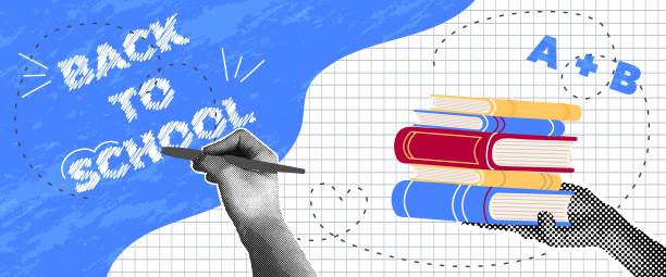 istock Back to School Banner. Trendy halftone collage, books in hand, inscription, scribbles on checkered background. Concept of learning, knowledge. 2167373223