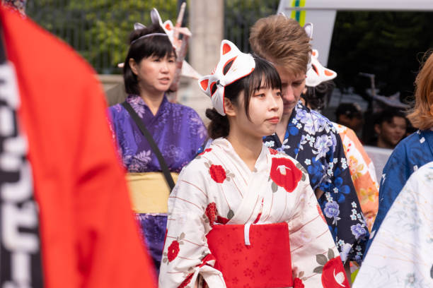 Two asian girls enjoy nostalgic mood in Japan