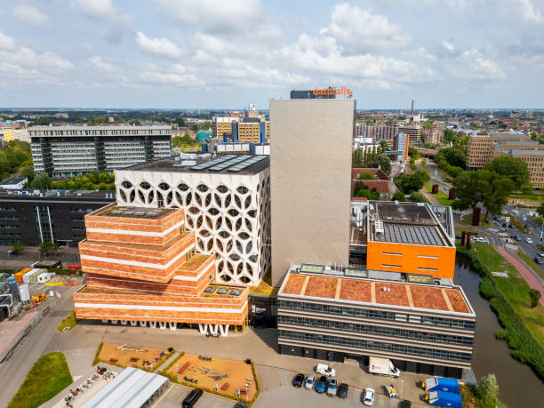 Leiden, Netherlands - August 18, 2024: Aerial View on Naturalis Biodiversity Center, a national museum of natural history and a research center on biodiversity. It was named the European Museum of the Year 2021. Its collection includes approximately 42 million specimens, making it one of the largest natural history collections in the world. The current building setup dates from 2019.