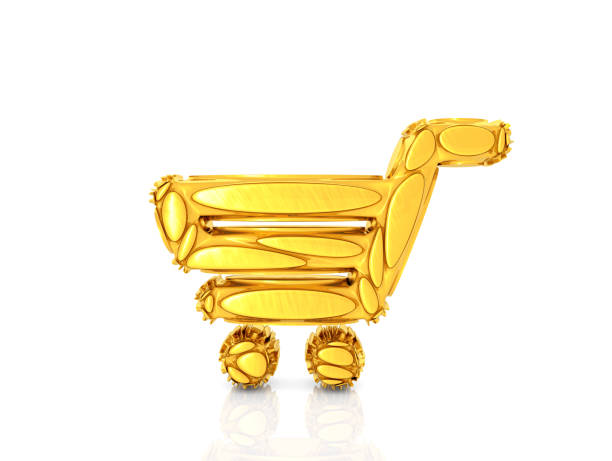 3D shopping cart with price tag icon isolated on white background, symbolizing e-commerce, online shopping, retail business, and digital marketplace. Minimalist modern style with reflection effect.