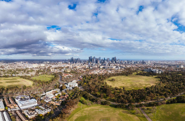 Aerial view of Melbourne skyline on a cool winter's day from Parkville in Victoria, Australia