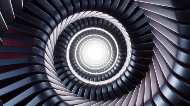 istock Discover the Intricate Spiral Wave Tunnel Featuring Silver Metallic Plates and Striking Red Highlights in a 3D Background 2167383210