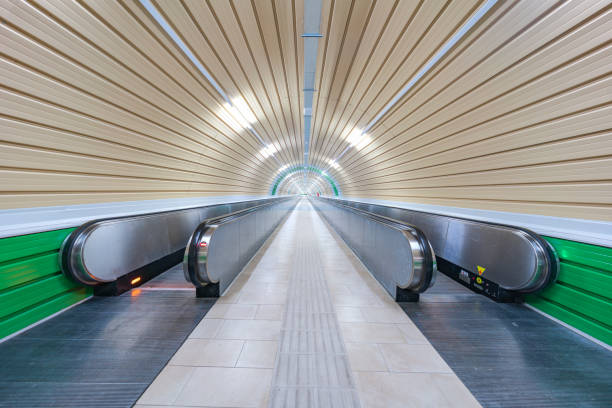 Tunnels and pedestrian escalators, modern architecture in Spoleto. Umbria region, Italy