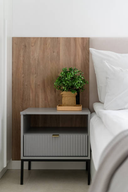 istock Modern bedroom corner with a bedside table and decorative plant in a serene environment 2167388500