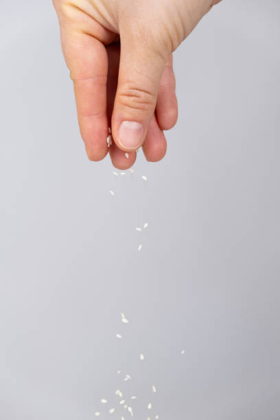 istock Hand pouring white sesame seeds on gray background 2167388667