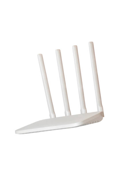 istock Modern WiFi router with four antennas isolated on white background. 2167398550