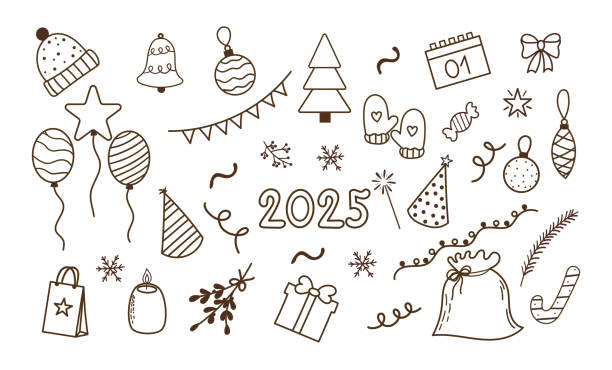istock Happy New year 2025 doodle set, winter holidays. 2167398730