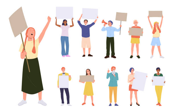 People activists set holding placard empty banners at politic protest or rights protection march People activists cartoon characters set holding placard empty banners at politic protest or rights protection march, propaganda meeting or student strike vector illustration isolated on white strike protest action stock illustrations