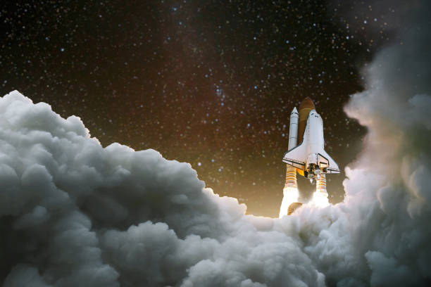 istock Spacecraft takes off into space. Start of the journey. Space Exploration. Rocket with smoke on the starry sky 2167411112