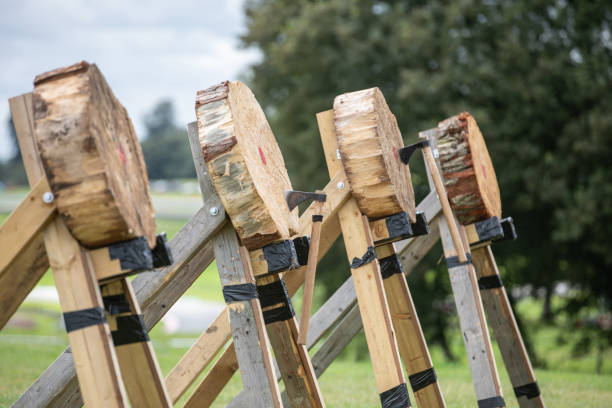 istock Four targets for axe throwing game - two axe embedded in the target - skill, courage and strength required to hit the bulls eye - form of historic weaponry - arm to arm combat 2167419598