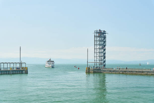 Friedrichshafen, Germany – July 29, 2024: a ship at the Moleturm on the harbor pier in Friedrichshafen on Lake Constance, Bodensee