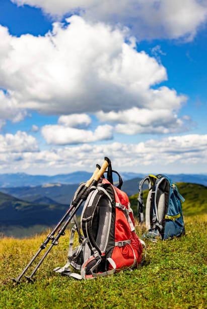 istock Hiking in the mountains with a backpack and walking poles. 2167421938