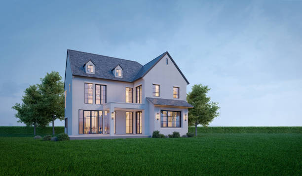 istock Cottage house exterior with lawn grass and blue sky evening scenery.3d rendering 2167423089