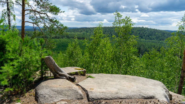 View from Maliye Cherti or Small Devils cliff on spruce and birch trees on sunny summer day. Iset Park, Iset village, Sverdlovsk region, Russia.